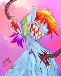 Size: 800x1000 | Tagged: grimdark, artist:theglitchberserk, derpibooru import, rainbow dash, pegasus, pony, fanfic:rainbow factory, g4, blood, fanfic art, female, image, mare, png, robotic arm, sharp teeth, solo, teeth