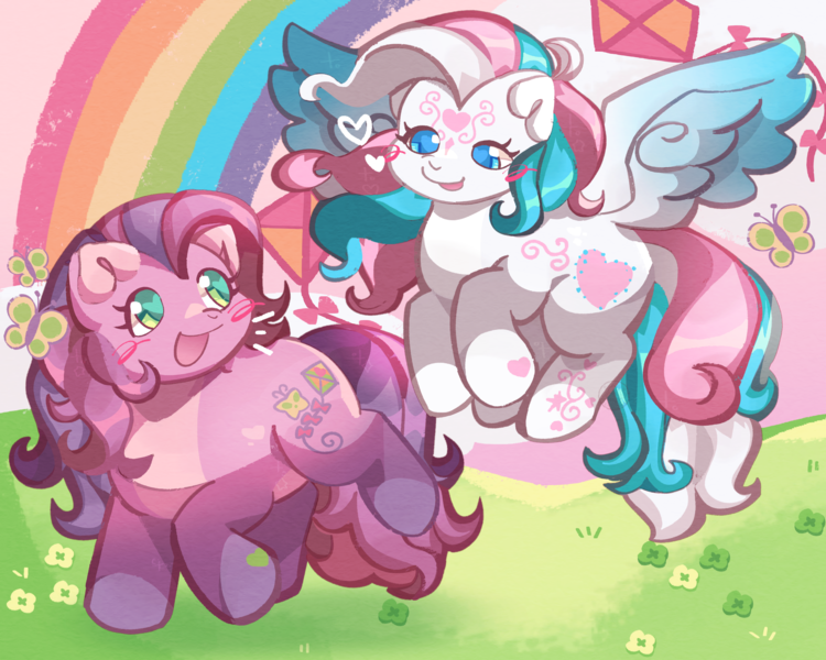 Size: 2500x2000 | Tagged: safe, artist:lumiville, derpibooru import, skywishes, star catcher, butterfly, earth pony, insect, pegasus, pony, g3, blush scribble, blushing, duo, duo female, emanata, female, floating heart, flying, heart, heart eyes, heart mark, image, kite, lesbian, looking at each other, looking at someone, looking down, looking up, mare, png, rainbow, ship:skycatcher, shipping, tail, wingding eyes