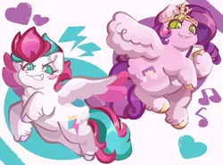 Size: 2701x2000 | Tagged: safe, artist:lumiville, derpibooru import, pipp petals, zipp storm, pegasus, pony, g5, blush scribble, blushing, chest fluff, chubby, diadem, duo, duo female, female, flying, grin, heart, heart eyes, image, jewelry, lightning, mare, mobile phone, music notes, phone, pipp's phone, png, regalia, royal sisters (g5), siblings, sisters, smartphone, smiling, spread wings, starry eyes, unshorn fetlocks, wingding eyes, wings