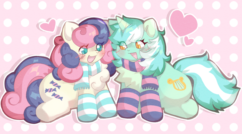 Size: 3560x1970 | Tagged: safe, artist:lumiville, derpibooru import, bon bon, lyra heartstrings, sweetie drops, earth pony, pony, unicorn, g4, adorabon, blush scribble, blushing, chest fluff, clothes, cute, duo, duo female, female, floating heart, happy, heart, heart eyes, horn, image, lesbian, looking at each other, looking at someone, lyrabetes, lyrabon, mare, open mouth, open smile, png, polka dot background, scarf, shipping, sitting, smiling, socks, weapons-grade cute, wingding eyes