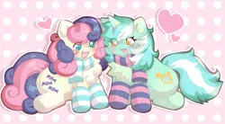 Size: 3560x1970 | Tagged: safe, artist:lumiville, derpibooru import, bon bon, lyra heartstrings, sweetie drops, earth pony, pony, unicorn, g4, adorabon, blush scribble, blushing, chest fluff, clothes, cute, duo, duo female, female, floating heart, happy, heart, heart eyes, horn, image, lesbian, looking at each other, looking at someone, lyrabetes, lyrabon, mare, open mouth, open smile, png, polka dot background, scarf, shipping, sitting, smiling, socks, weapons-grade cute, wingding eyes