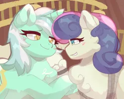 Size: 2500x2000 | Tagged: safe, artist:lumiville, derpibooru import, bon bon, lyra heartstrings, sweetie drops, earth pony, pony, unicorn, g4, slice of life (episode), blush scribble, blushing, chest fluff, female, grin, heart, heart eyes, hoof heart, horn, image, indoors, lesbian, looking at each other, looking at someone, lyrabon, mare, my little pony, png, rope, scene interpretation, shipping, smiling, underhoof, unshorn fetlocks, wingding eyes