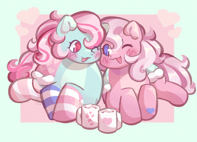 Size: 2770x2000 | Tagged: safe, artist:lumiville, derpibooru import, minty, pinkie pie (g3), earth pony, pony, g3, blushing, chocolate, clothes, duo, duo female, female, food, heart, heart eyes, hot chocolate, image, lesbian, looking at each other, looking at someone, lying down, mare, marshmallow, mismatched socks, mug, one eye closed, open mouth, open smile, png, prone, ship:mintypie, shipping, smiling, socks, striped socks, tail, wingding eyes