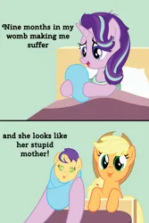 Size: 1200x1800 | Tagged: safe, artist:prixy05, derpibooru import, applejack, starlight glimmer, oc, oc:fuji apple, earth pony, pony, unicorn, g4, :p, bed, female, horn, image, lesbian, magical lesbian spawn, mare, meme, nine months in my womb making me suffer, offspring, parent:applejack, parent:starlight glimmer, parents:glimmerjack, png, ship:glimmerjack, shipping, text, tongue out