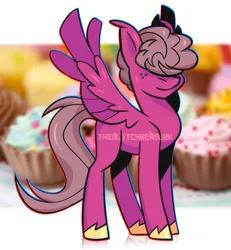 Size: 1200x1300 | Tagged: safe, artist:theglitchberserk, derpibooru import, oc, unofficial characters only, pegasus, pony, cupcake, food, hair over eyes, image, jpeg, male, solo, spread wings, stallion, unshorn fetlocks, wings