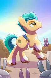 Size: 2650x4096 | Tagged: safe, artist:stelareclipse, derpibooru import, hitch trailblazer, earth pony, pony, rabbit, g5, my little pony: a new generation, animal, image, jpeg, male, outdoors, solo focus, stallion