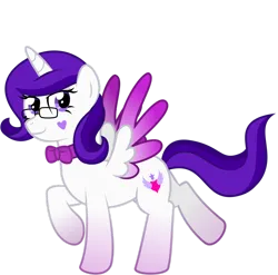 Size: 1280x1264 | Tagged: safe, artist:sollace, derpibooru import, oc, oc:violet sparkle, unofficial characters only, alicorn, bowtie, glasses, image, looking at you, looking back, png, raised leg, simple background, smug, solo, spread wings, transparent background, vector, wings