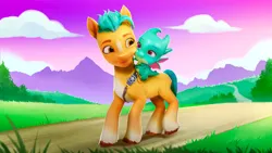 Size: 768x432 | Tagged: safe, derpibooru import, official, hitch trailblazer, sparky sparkeroni, dragon, earth pony, pony, g5, 3d, baby, baby dragon, duo, duo male, father and child, father and son, grass, image, jpeg, looking at each other, looking at someone, male, my little pony: bridlewood rp, nature, outdoors, path, riding, riding a pony, roblox, smiling, stallion