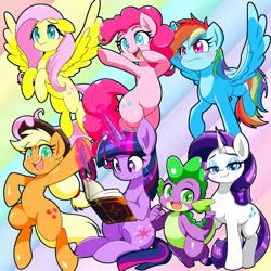 Size: 2048x2048 | Tagged: safe, artist:zeon_starlight, derpibooru import, applejack, fluttershy, pinkie pie, rainbow dash, rarity, spike, twilight sparkle, dragon, earth pony, pegasus, pony, unicorn, g4, abstract background, bipedal, book, female, flustered, glow, glowing horn, grin, horn, image, jpeg, mane seven, mane six, mare, open mouth, open smile, quill, sitting, smiling, spread wings, unicorn twilight, wavy mouth, wings, worried