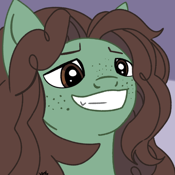 Size: 1280x1280 | Tagged: safe, artist:galactichooves, derpibooru import, oc, oc:writtendreams, unofficial characters only, earth pony, pony, g4, brown eyes, brown mane, curly hair, curly mane, fangs, freckles, green pony, icon, image, png, smiling, smug, solo, striped background