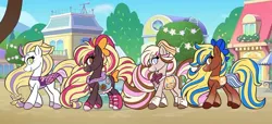 Size: 1000x455 | Tagged: safe, artist:malcat, derpibooru import, horse, pony, bow, bowtie, clothes, dress, female, finley (wild manes), fish tail, gradient legs, gradient muzzle, group, hair bow, hat, hoodie, image, jpeg, lana (wild manes), mane lane, mare, mermaid tail, shoes, skirt, smiling, sports outfit, sundae (wild manes), tail, tail bow, wild manes, zoey (wild manes)