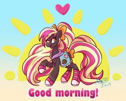 Size: 1802x1449 | Tagged: safe, artist:malcat, derpibooru import, horse, pony, bow, clothes, eyeshadow, female, floating heart, good morning, gradient background, gradient legs, gradient muzzle, hair bow, heart, hoodie, image, jpeg, lana (wild manes), makeup, mare, open mouth, open smile, raised hoof, shoes, smiling, solo, sun, sunshine, tail, tail bow, wild manes