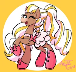 Size: 897x848 | Tagged: safe, artist:malcat, derpibooru import, horse, pony, beauty mark, bow, cherie (wild manes), clothes, dress, ear piercing, earring, female, gradient muzzle, image, jewelry, jpeg, mare, one eye closed, open mouth, open smile, piercing, raised hoof, shoes, smiling, solo, wild manes, wink