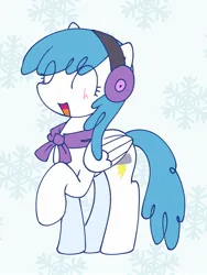 Size: 1536x2048 | Tagged: safe, artist:backgroundmares, derpibooru import, lightning bolt, white lightning, pegasus, pony, g4, abstract background, blushing, clothes, earmuffs, eye clipping through hair, eyes closed, image, jpeg, open mouth, raised hoof, scarf, smiling, snow, snowflake, solo, standing