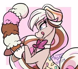 Size: 1313x1163 | Tagged: safe, artist:malcat, derpibooru import, horse, pony, bowtie, female, food, hat, ice cream, ice cream cone, image, jpeg, mare, neapolitan, solo, sundae (wild manes), tongue out, wild manes