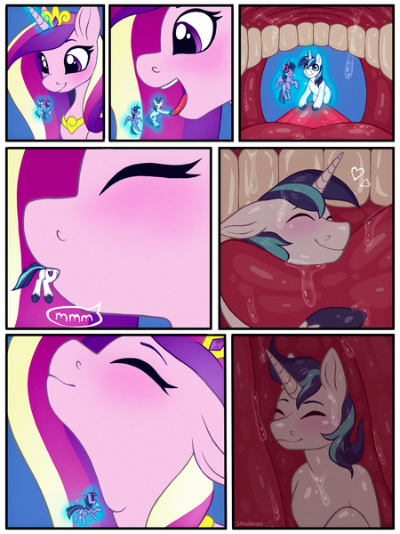 Size: 3000x4000 | Tagged: suggestive, artist:smallhorses, derpibooru import, princess cadance, shining armor, twilight sparkle, twilight sparkle (alicorn), alicorn, unicorn, g4, blushing, commission, female, fetish, giantess, horn, image, jpeg, macro, magic, male, safe vore, ship:shiningcadance, shipping, soft vore, straight, telekinesis, vore, willing prey, willing vore