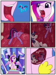 Size: 3000x4000 | Tagged: suggestive, artist:smallhorses, derpibooru import, princess cadance, shining armor, twilight sparkle, twilight sparkle (alicorn), alicorn, g4, comic, commission, female, giantess, image, jpeg, macro, magic, safe vore, soft vore, stomach, stomach noise, telekinesis, vore