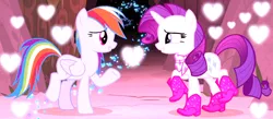 Size: 1052x457 | Tagged: safe, derpibooru import, edit, edited screencap, screencap, rainbow dash, rarity, pegasus, pony, unicorn, g4, season 8, the end in friend, spoiler:s08, boots, clothes, duo, duo female, female, folded wings, heart, horn, image, lesbian, looking at each other, looking at someone, mare, my little pony, png, raised hoof, scarf, ship:raridash, shipping, shoes, smiling, smiling at each other, wings