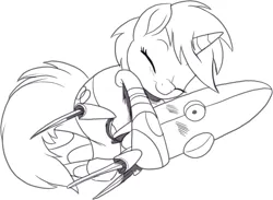 Size: 1141x833 | Tagged: safe, artist:nauyaco, derpibooru import, oc, pony, unicorn, female, horn, image, mare, monochrome, png, portal (valve), simple background, sleeping, solo, turret, turret (portal), white background