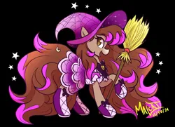 Size: 1847x1334 | Tagged: safe, artist:malcat, derpibooru import, horse, pony, black background, bowtie, broom, clothes, costume, crescent moon, dreamer (wild manes), dress, female, gradient muzzle, halloween, halloween costume, hat, holiday, image, jpeg, mare, moon, open mouth, open smile, raised hoof, shoes, simple background, smiling, solo, stars, wild manes, witch, witch costume, witch hat