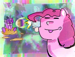 Size: 1024x768 | Tagged: safe, artist:serverok, derpibooru import, pinkie pie, twilight sparkle, earth pony, pony, unicorn, g4, abstract background, bust, cannon, colorful, duo, eyes closed, female, food, funny face, grin, halftone, horn, image, mare, pie, png, prank, screaming, shooting, simple shading, smiling, tongue out