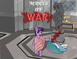 Size: 2795x2133 | Tagged: safe, artist:nhm, ponerpics import, princess celestia, princess luna, twilight sparkle, pony, angry, bipedal, blood, dead, dogs of war, female, gold, image, julius cesar, looking at you, mare, png, statue, text, war, window