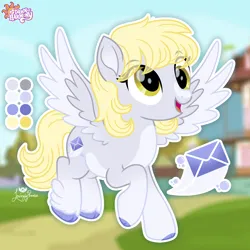 Size: 2000x2000 | Tagged: safe, artist:lovinglypromise, derpibooru import, derpy hooves, pegasus, pony, g4, alternate cutie mark, alternate design, cloven hooves, coat markings, color palette, colored hooves, colored wings, colored wingtips, eye clipping through hair, eyebrows, eyebrows visible through hair, facial markings, female, fetlock tuft, flying, gradient legs, gradient wings, hooves, image, mare, open mouth, open smile, pale belly, png, smiling, solo, spread wings, stripe (coat marking), wings