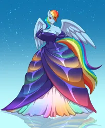 Size: 1736x2122 | Tagged: suggestive, artist:toughset, derpibooru import, rainbow dash, anthro, pegasus, unguligrade anthro, g4, big breasts, breasts, busty rainbow dash, butt, cleavage, clothes, dress, female, grin, hair over one eye, huge butt, image, large butt, png, smiling, solo, solo female