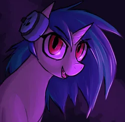 Size: 2000x1947 | Tagged: safe, artist:candel, derpibooru import, vinyl scratch, pony, undead, unicorn, vampire, vampony, g4, bust, fangs, female, headphones, horn, image, looking at you, mare, open mouth, png, red eyes, smiling, solo, vinyl the vampire