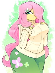 Size: 1500x2000 | Tagged: safe, artist:xan-gelx, derpibooru import, fluttershy, butterfly, human, insect, equestria girls, g4, 2d, blushing, breasts, busty fluttershy, clothes, cutie mark, cutie mark on clothes, female, hairclip, hand on breasts, image, long sleeves, looking at you, png, skirt, solo, sweater, sweatershy, turtleneck, turtleneck sweater, wide hips