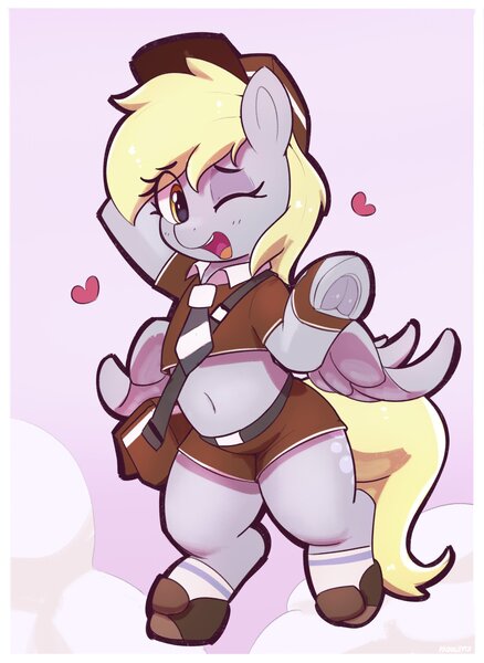 Size: 2374x3251 | Tagged: safe, artist:pabbley, derpibooru import, derpy hooves, pegasus, pony, g4, belly, belly button, bipedal, cap, clothes, cute, female, frog (hoof), hat, heart, image, jpeg, looking at you, mailmare, necktie, one eye closed, open mouth, open smile, shoes, shorts, smiling, smiling at you, socks, solo, underhoof