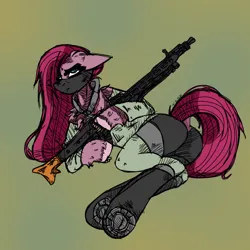 Size: 1280x1280 | Tagged: suggestive, artist:moodimikky, derpibooru import, pinkie pie, earth pony, pony, g4, boots, butt, clothes, dock, face mask, female, gun, holding, image, long mane, looking at you, mask, necktie, pinkamena diane pie, plot, png, shoes, solo, solo female, stern, tail, unshorn fetlocks, weapon