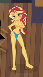 Size: 2466x4362 | Tagged: suggestive, derpibooru import, edit, vector edit, sunset shimmer, equestria girls, g4, barefoot, beautiful, belly, belly button, bikini, blushing, breasts, busty sunset shimmer, clothes, covering, covering breasts, cute, feet, hand on hip, image, jungle girl, legs, loincloth, looking at you, png, smiling, smiling at you, solo, stupid sexy sunset shimmer, swimsuit, torn clothes, vector