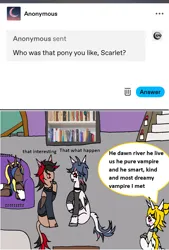 Size: 1063x1574 | Tagged: safe, artist:ask-luciavampire, derpibooru import, oc, oc:dawn rivers, oc:kiryu shadow, oc:millie starlight, oc:scarlet evening, unofficial characters only, pegasus, pony, undead, unicorn, vampire, vampony, ask, horn, image, in love, indoors, png, tumblr