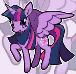 Size: 510x497 | Tagged: safe, artist:gggjln, derpibooru import, twilight sparkle, twilight sparkle (alicorn), alicorn, pony, g4, female, image, jpeg, mare, open mouth, open smile, raised hoof, smiling, solo, spread wings, wings, zoom layer