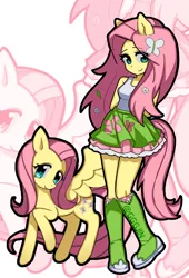 Size: 1698x2503 | Tagged: safe, artist:gggjln, derpibooru import, fluttershy, human, pegasus, pony, equestria girls, g4, duality, female, high res, image, jpeg, mare, outline, ponied up, raised hoof, smiling, solo, spread wings, wings, zoom layer