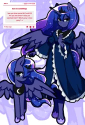 Size: 1698x2503 | Tagged: safe, artist:gggjln, derpibooru import, princess luna, alicorn, human, pony, equestria girls, g4, clothes, dress, duality, female, high res, image, mare, png, ponied up, smiling, solo, spread wings, wings, zoom layer