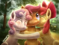 Size: 1300x1000 | Tagged: safe, artist:mystobright sky, derpibooru import, apple bloom, scootaloo, sweetie belle, earth pony, pony, unicorn, g4, cutie mark crusaders, eyes closed, female, filly, foal, group hug, horn, hug, image, one eye closed, outdoors, png, sitting, smiling, tree, trio, trio female