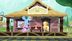 Size: 1280x720 | Tagged: safe, derpibooru import, edit, edited screencap, editor:scootabuser, screencap, applejack, diamond tiara, rainbow dash, scootaloo, silver spoon, g4, the last crusade, bully, bullying, image, my little pony, png