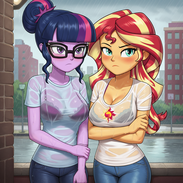 Size: 1536x1536 | Tagged: suggestive, ai content, machine learning generated, prompter:funnyglow144, stable diffusion, rainbow dash, sci-twi, sunset shimmer, twilight sparkle, human, equestria girls, g4, arm behind back, bedroom eyes, big breasts, blushing, bra, breasts, busty rainbow dash, city, cleavage, clothes, duo, duo female, female, generator:pony diffusion v6 xl, image, indoors, legs, legs together, looking at you, lying down, on back, on couch, panties, png, rain, serious, serious face, sexy, smiling, thighs, underwear, wet clothes, wet t-shirt