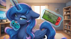 Size: 3040x1664 | Tagged: safe, ai content, machine learning generated, prompter:kimberlite, stable diffusion, princess luna, alicorn, horse, pony, gamer luna, g4, ai composition, book, bookshelf, computer, cute, epona, female, football, heart, heart eyes, horn, humans riding horses, image, indoors, licking, link, looking at you, mare, nintendo switch, png, riding, solo, sports, tail, the legend of zelda, tongue out, window, wingding eyes, wings