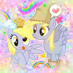 Size: 736x736 | Tagged: source needed, safe, derpibooru import, edit, derpy hooves, pegasus, pony, g4, :p, abstract background, bag on head, food, image, muffin, png, rainbow, smiling, solo, tongue out