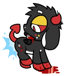 Size: 1126x1306 | Tagged: semi-grimdark, artist:spritecranbirdie, derpibooru import, demon, goat, black coat, blood, blood puddle, devil tail, holding, image, knife, mouth hold, non-pony oc, png, simple background, tail, transparent background