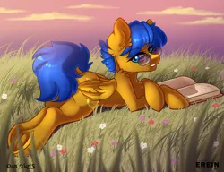 Size: 2600x2000 | Tagged: safe, alternate version, artist:erein, artist:yuris, derpibooru import, oc, oc:crushing victory, unofficial characters only, pony, alternate character, book, butt, chest fluff, cloud, collaboration, commission, field, flower, frog (hoof), grass, image, looking at you, looking back, looking back at you, lying down, male, multi ych "on the beach/field", nudity, plot, png, sky, smiling, smiling at you, solo, tail, underhoof, ych result