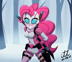 Size: 2717x2362 | Tagged: safe, artist:arturo_t1912, derpibooru import, pinkie pie, human, g4, breasts, busty pinkie pie, bye bye bye, crossover, deadpool, female, forest, forest background, grin, gun, gwenpool, holster, human female, image, jpeg, marvel, nature, show accurate, smiling, solo, solo female, sword, tree, weapon