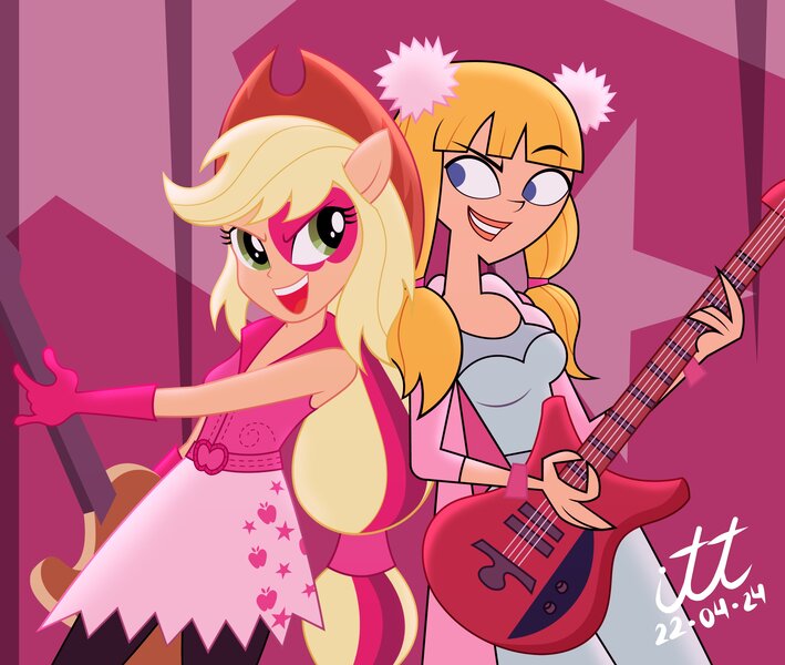 Size: 4096x3465 | Tagged: safe, artist:arturo_t1912, artist:ilustracionestoro2, derpibooru import, applejack, human, equestria girls, g4, ashley, background, concert, cowboy hat, crossover, cyan eyes, duo, duo female, electric guitar, female, freckles, green eyes, guitar, hat, image, jpeg, looking at each other, looking at someone, musical instrument, pigtails, playing guitar, playing instrument, show accurate, stars, total drama, total drama island, twintails