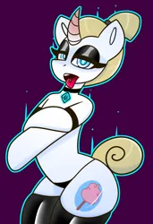 Size: 1628x2380 | Tagged: suggestive, artist:askhypnoswirl, derpibooru import, oc, oc:decora, unofficial characters only, changeling, changeling oc, clothes, disguise, disguised changeling, eyelashes, eyeshadow, hair bun, image, jewelry, latex, latex socks, lidded eyes, looking at you, makeup, necklace, piercing, png, possessed, socks, tail, tail bun, tongue out, tongue piercing