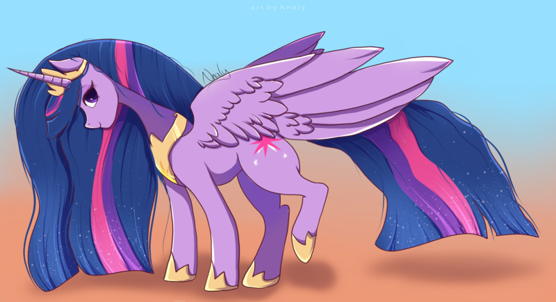 Size: 3812x2075 | Tagged: safe, artist:nnaly, derpibooru import, princess twilight 2.0, twilight sparkle, twilight sparkle (alicorn), alicorn, pony, g4, the last problem, crown, cutie mark, ethereal mane, female, gradient background, hoof shoes, horn, image, jewelry, looking at you, mare, older, older twilight, older twilight sparkle (alicorn), peytral, png, princess shoes, raised hoof, raised leg, regalia, smiling, smiling at you, solo, solo female, starry mane, starry tail, tail, wings