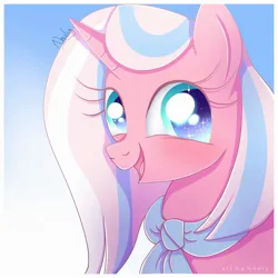 Size: 2000x2000 | Tagged: safe, artist:nnaly, derpibooru import, clear sky, pony, unicorn, g4, blushing, bust, female, happy, horn, image, jpeg, open mouth, open smile, portrait, smiling, solo, sparkles, sparkly eyes, wingding eyes