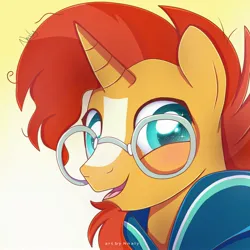 Size: 2000x2000 | Tagged: safe, artist:nnaly, derpibooru import, sunburst, pony, unicorn, g4, blaze (coat marking), bust, cloak, clothes, coat markings, colored pupils, cute, facial markings, glasses, gradient background, happy, horn, image, jpeg, looking at you, male, open mouth, open smile, portrait, smiling, solo, sparkles, sparkly eyes, stallion, starry eyes, sunbetes, sunburst's cloak, sunburst's glasses, wingding eyes